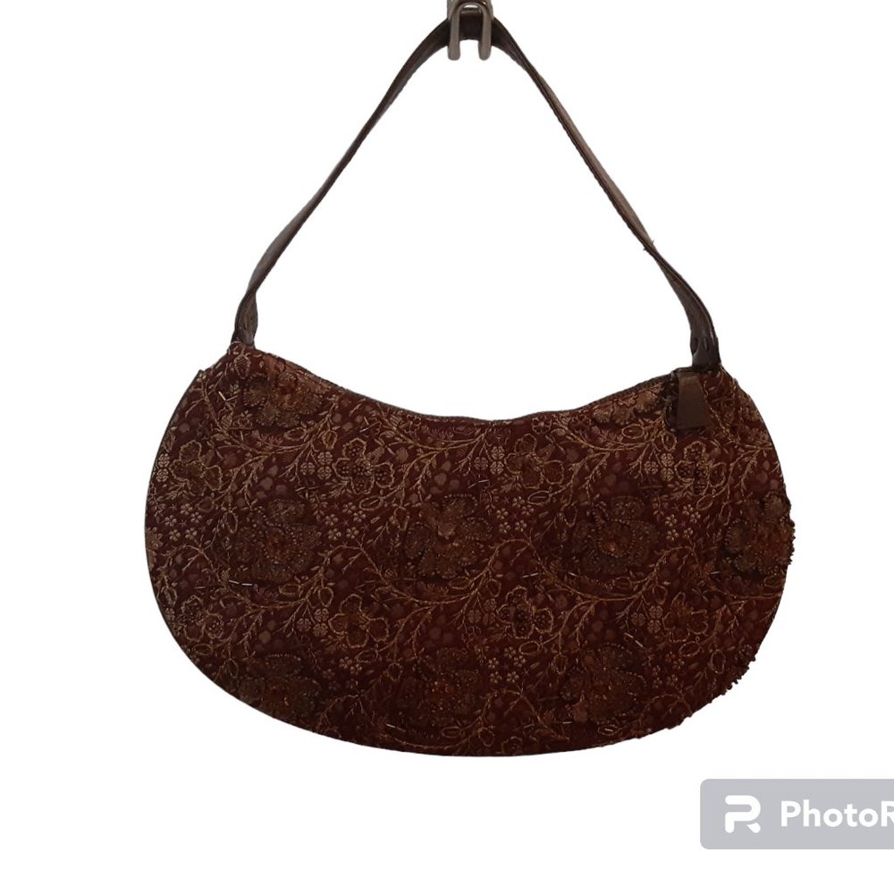 Express beaded Tobacco brown kidney shaped purse